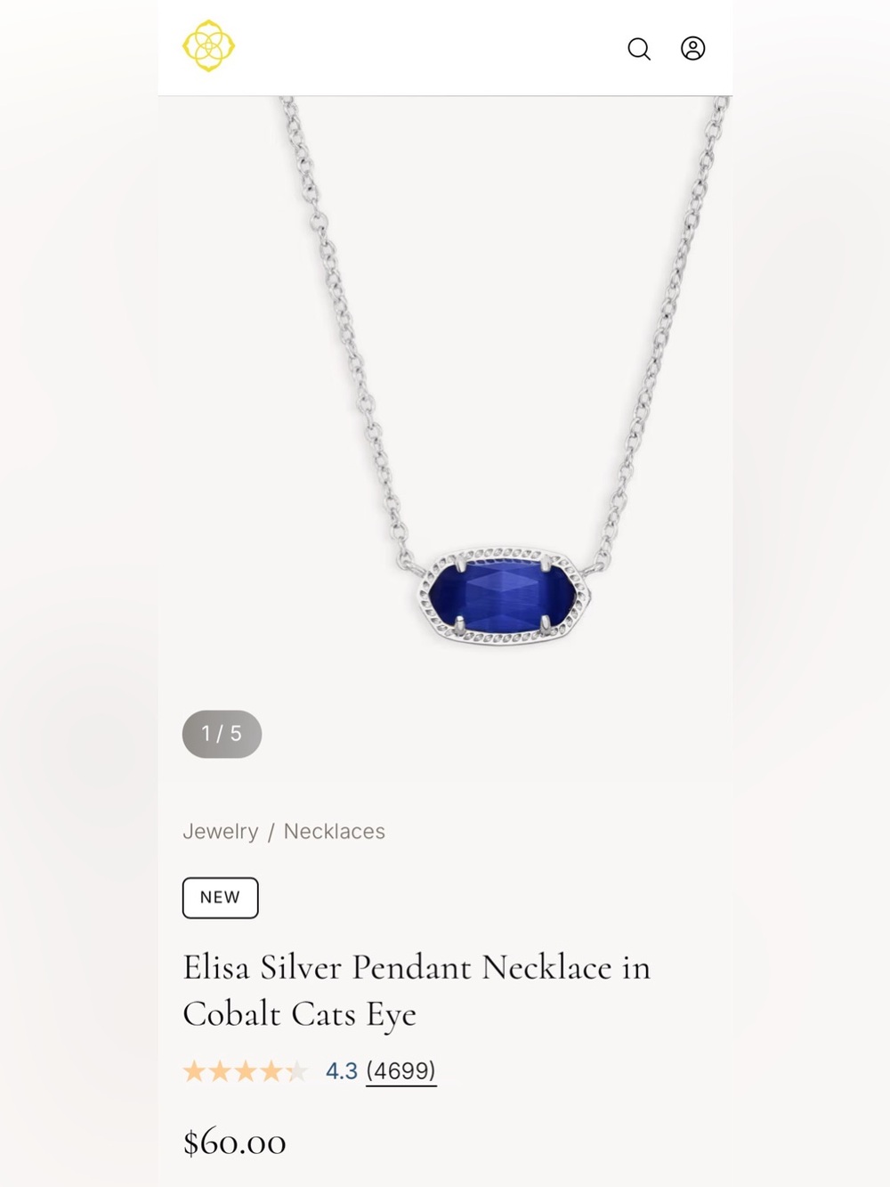 Kendra Scott Elisa Silver Pendant Necklace in Cobalt Cats Eye NWOT - Picture 3 of 7
